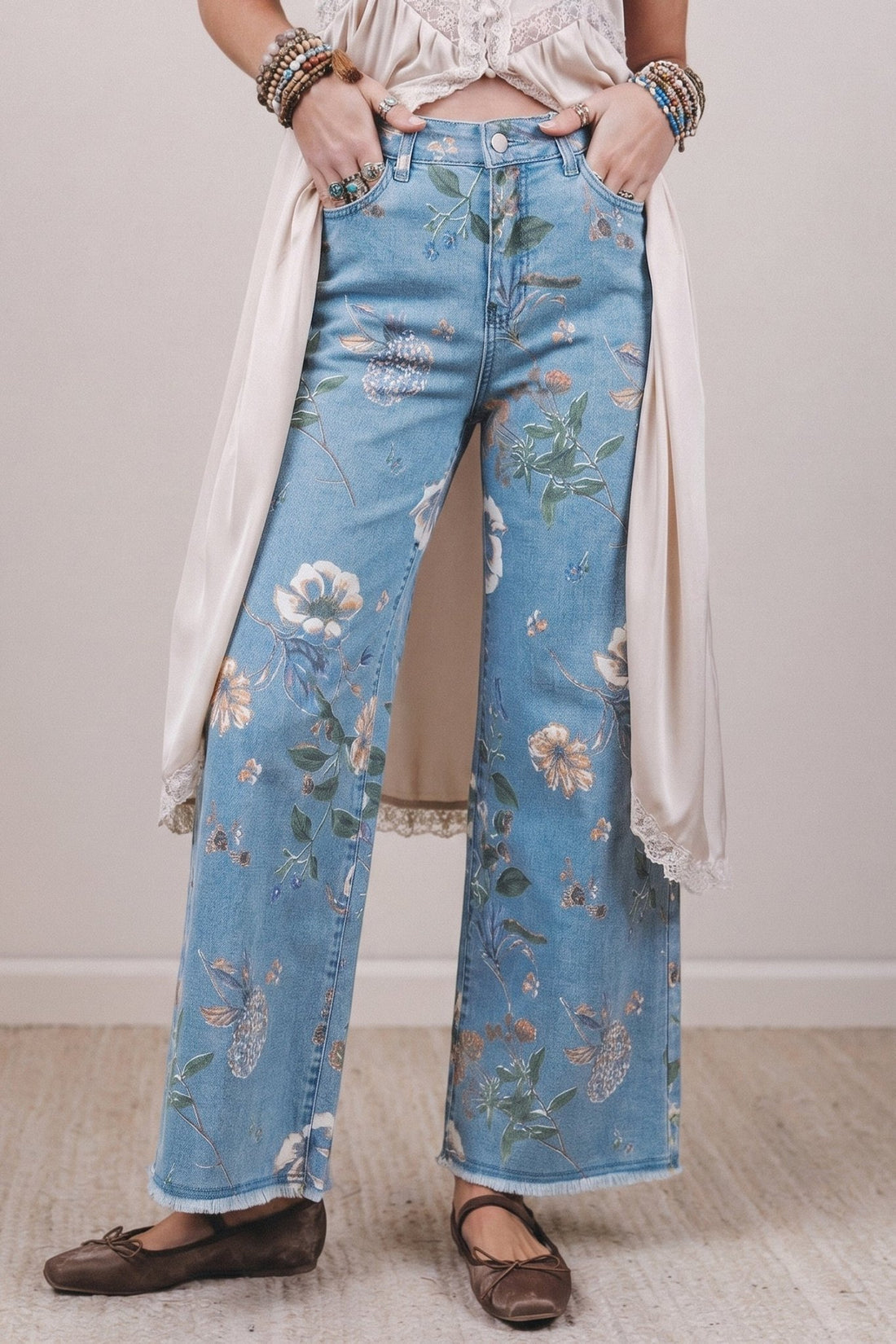Sky Blue Retro Floral Print Frayed Hem Shift Jeans - Loving It Shop