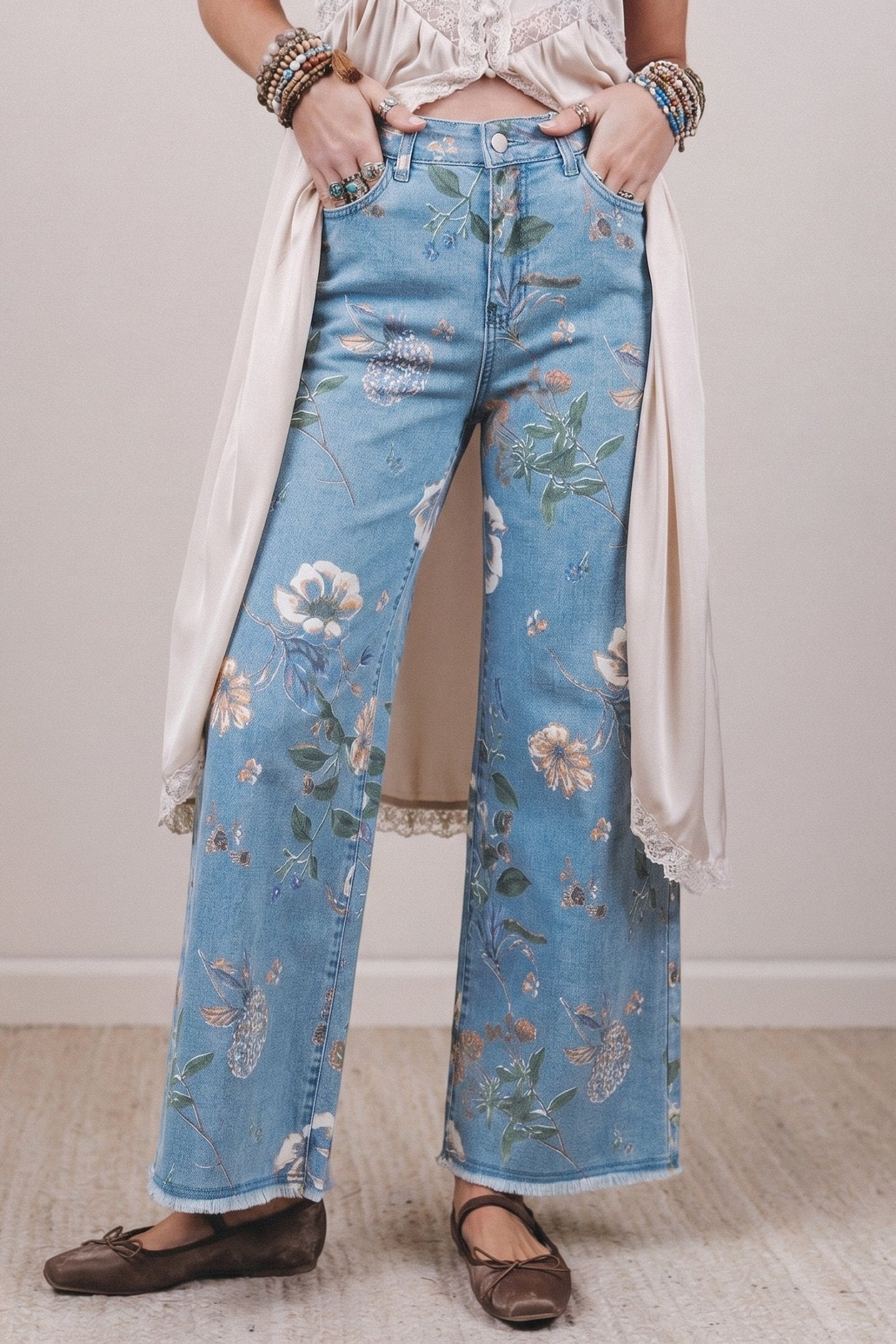 Sky Blue Retro Floral Print Frayed Hem Shift Jeans - Loving It Shop