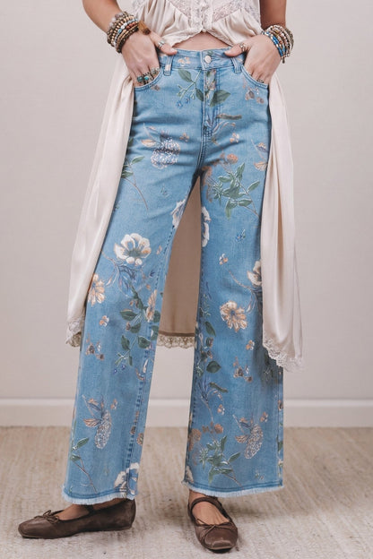 Sky Blue Retro Floral Print Frayed Hem Shift Jeans - Loving It Shop