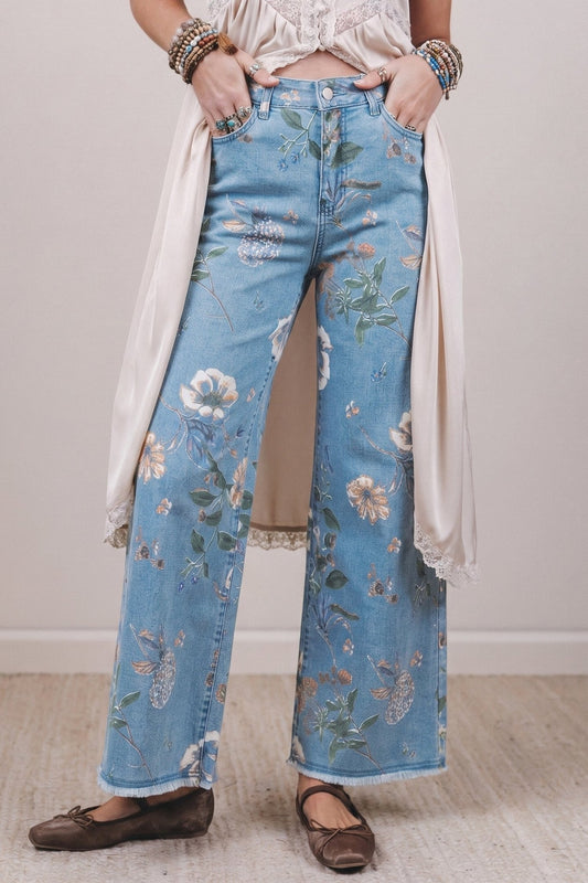 Sky Blue Retro Floral Print Frayed Hem Shift Jeans - Loving It Shop