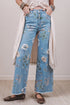 Sky Blue Retro Floral Print Frayed Hem Shift Jeans - Loving It Shop