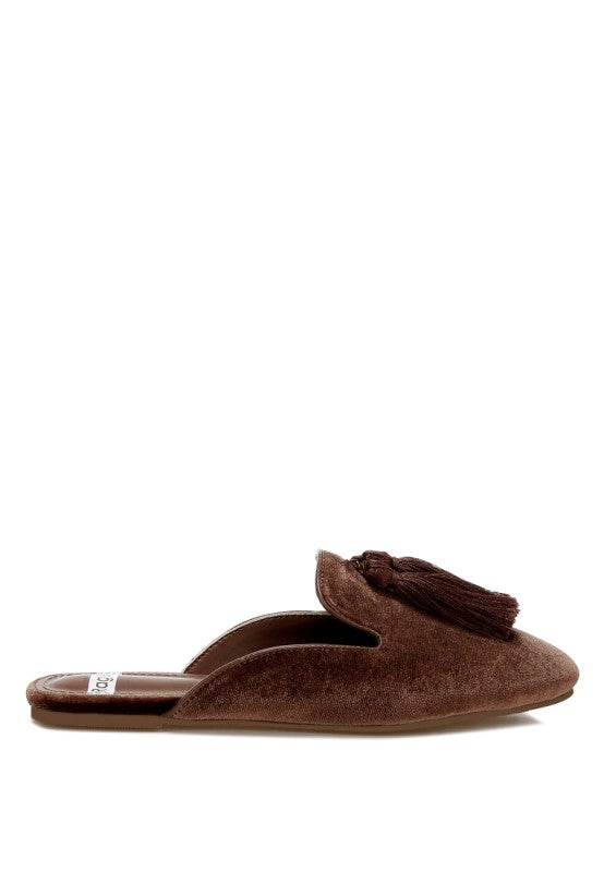 Cardinal Tassel Detail Velvet Mules