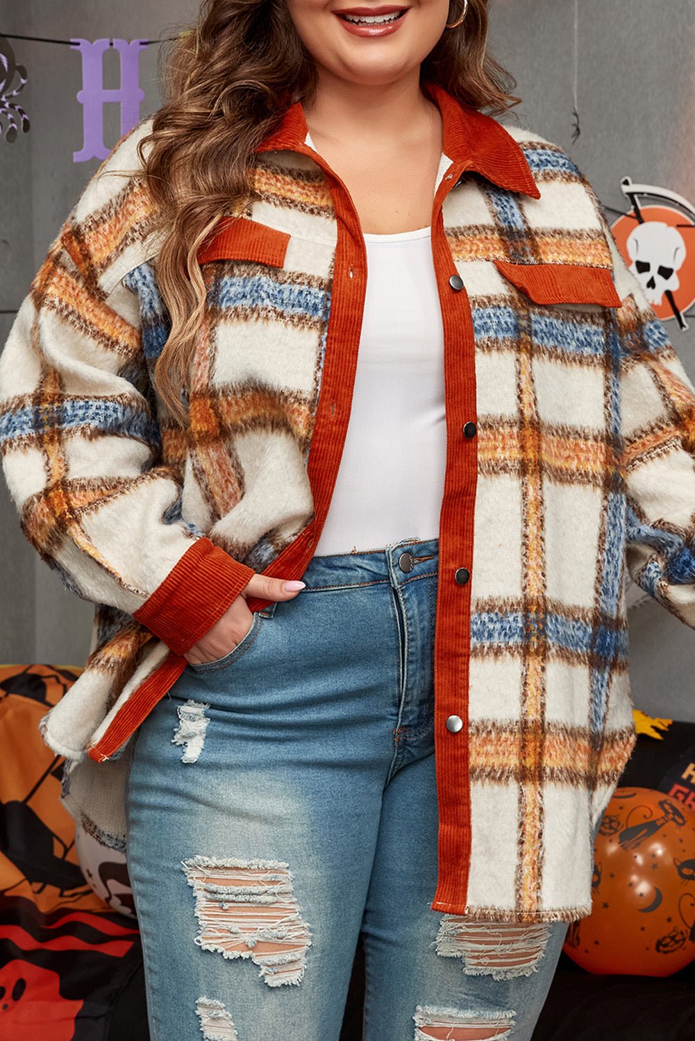 Brown Stripe Plus Size Plaid Print Collared Buttoned Jacket - Loving It Shop