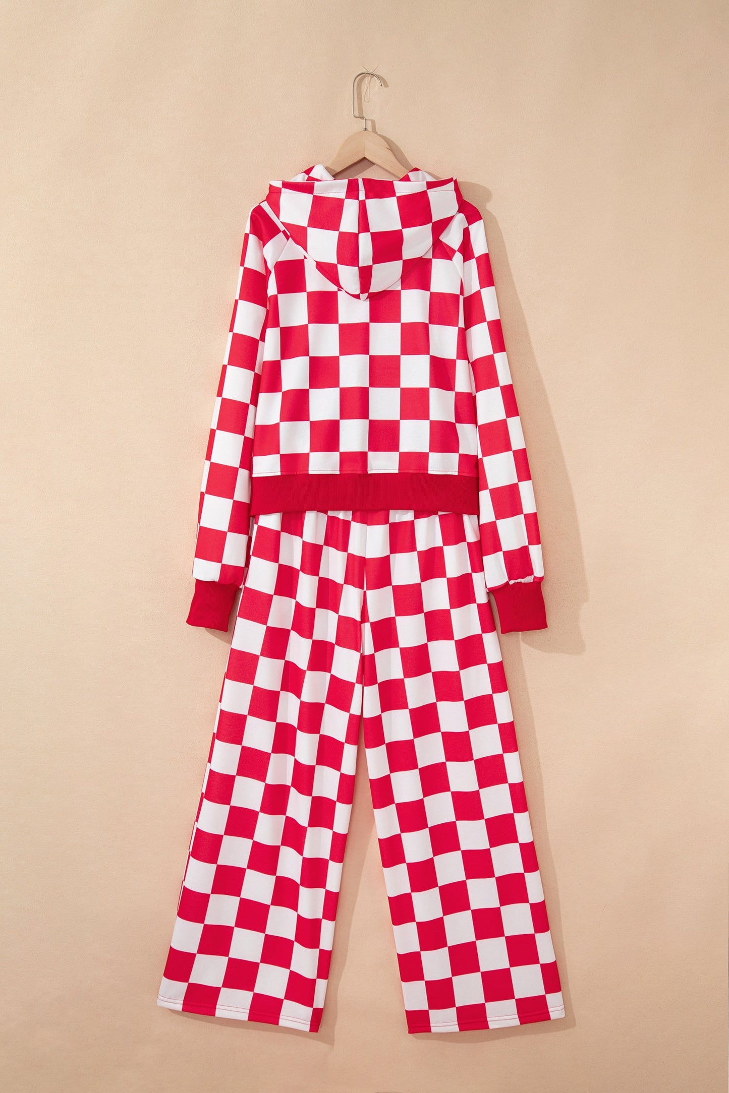 Red Checkered Print Half Zip Hoodie Loose Pant Set