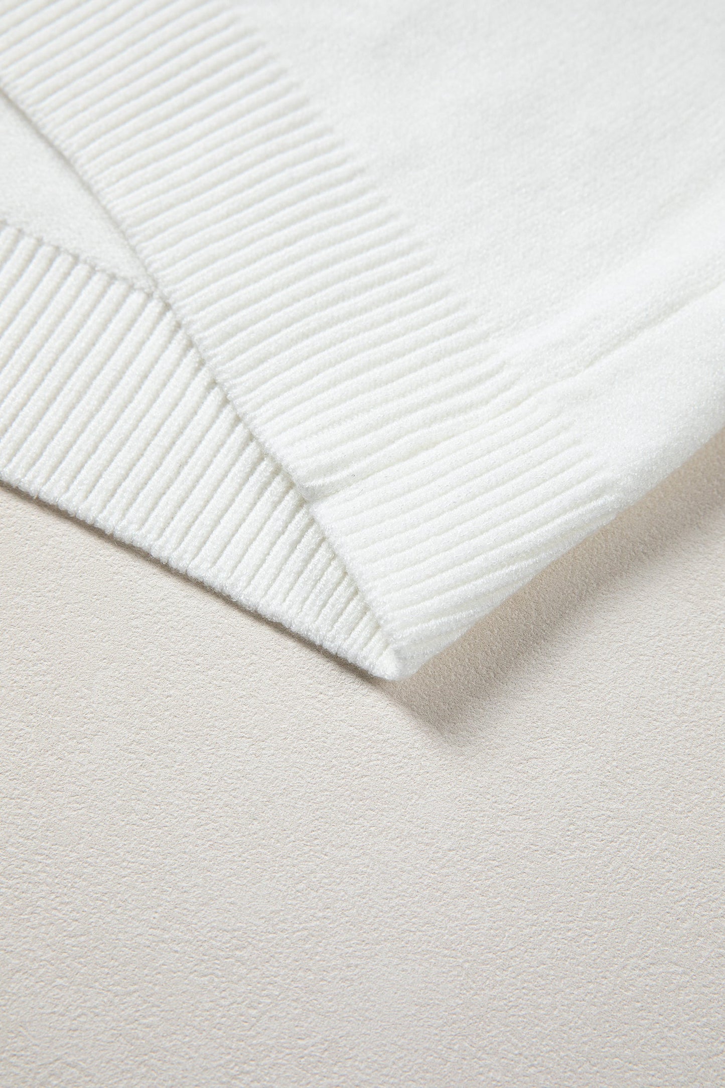 White Corded Horseshoes Ribbed Trim Mock Neck Short Sleeve Sweater
