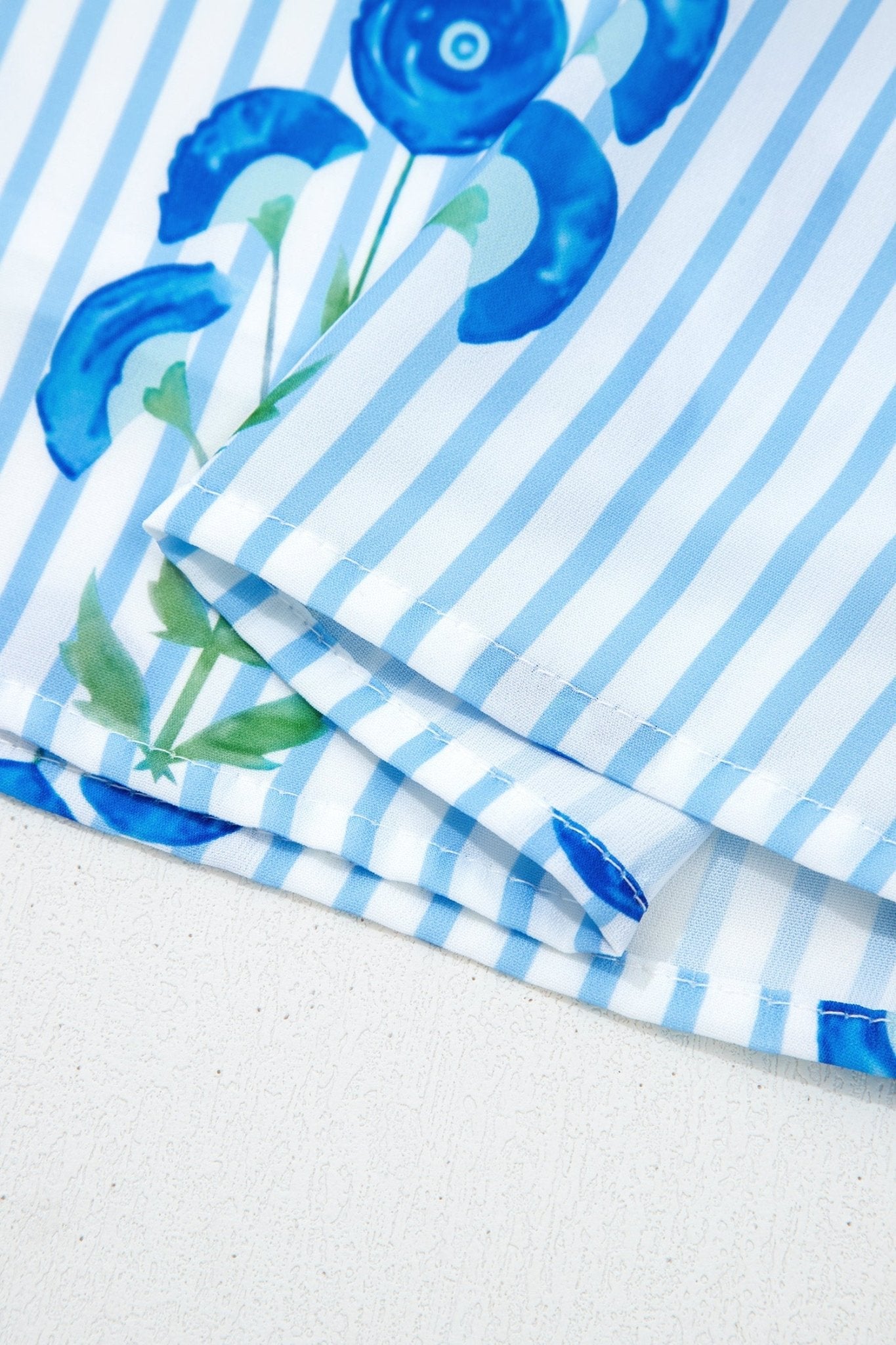 Sky Blue Floral Striped Print Tie Notched Neck Puff Sleeve Flared Mini Dress - Loving It Shop