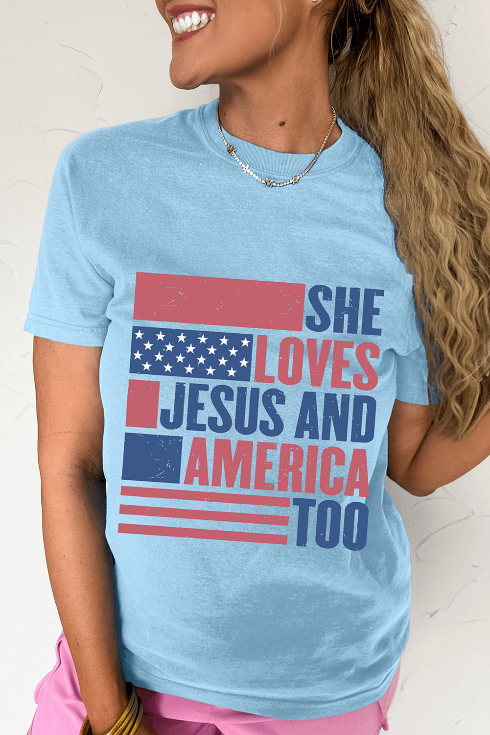 Light Blue SHE LOVES JESUS AND AMERICA TOO Flag Graphic T Shirt - Loving It Shop