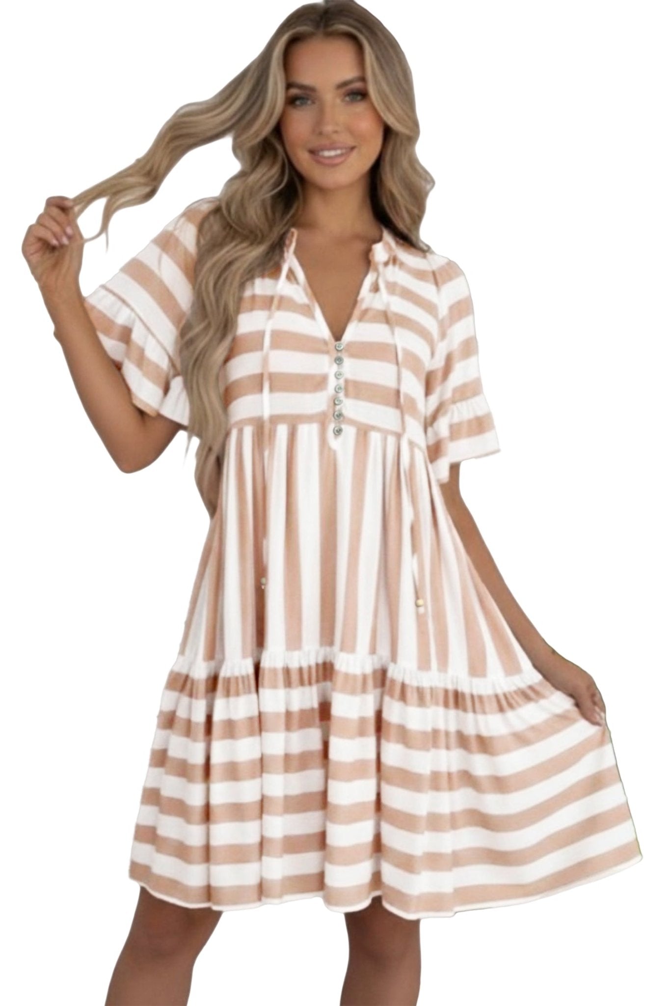Khaki Stripe Tie V Neck Ruffle Trim Short Sleeve Flared Summer Dress - Loving It Shop