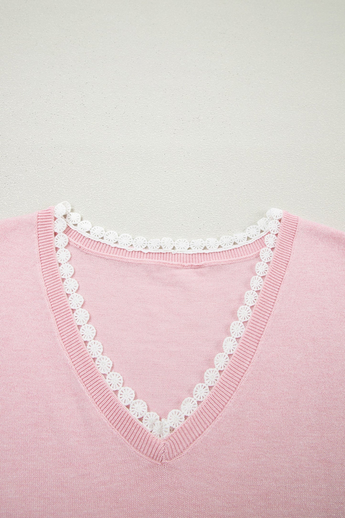 Strawberry Pink Lacy V Neckline Short Sleeve Sweater