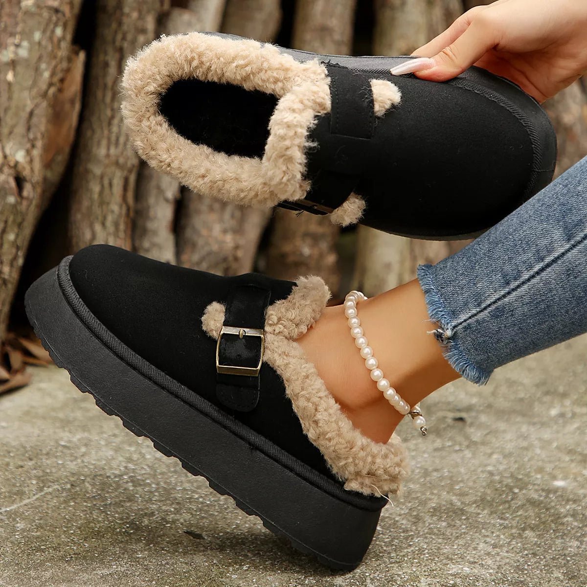 Fuzzy Trim Buckle Platform Slippers - Loving It Shop