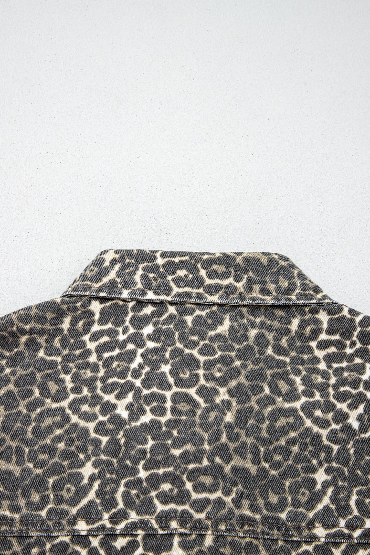 Gray Vintage Leopard Print Short Sleeve Loose Cotton Denim Shirt