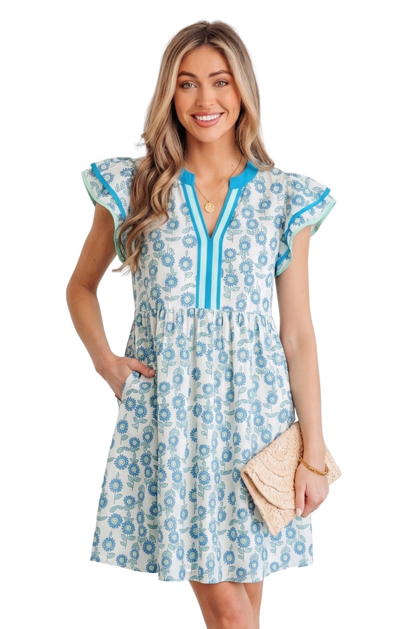Sky Blue Floral Print Contrast Trim Flutter Sleeve Mini Dress - Loving It Shop