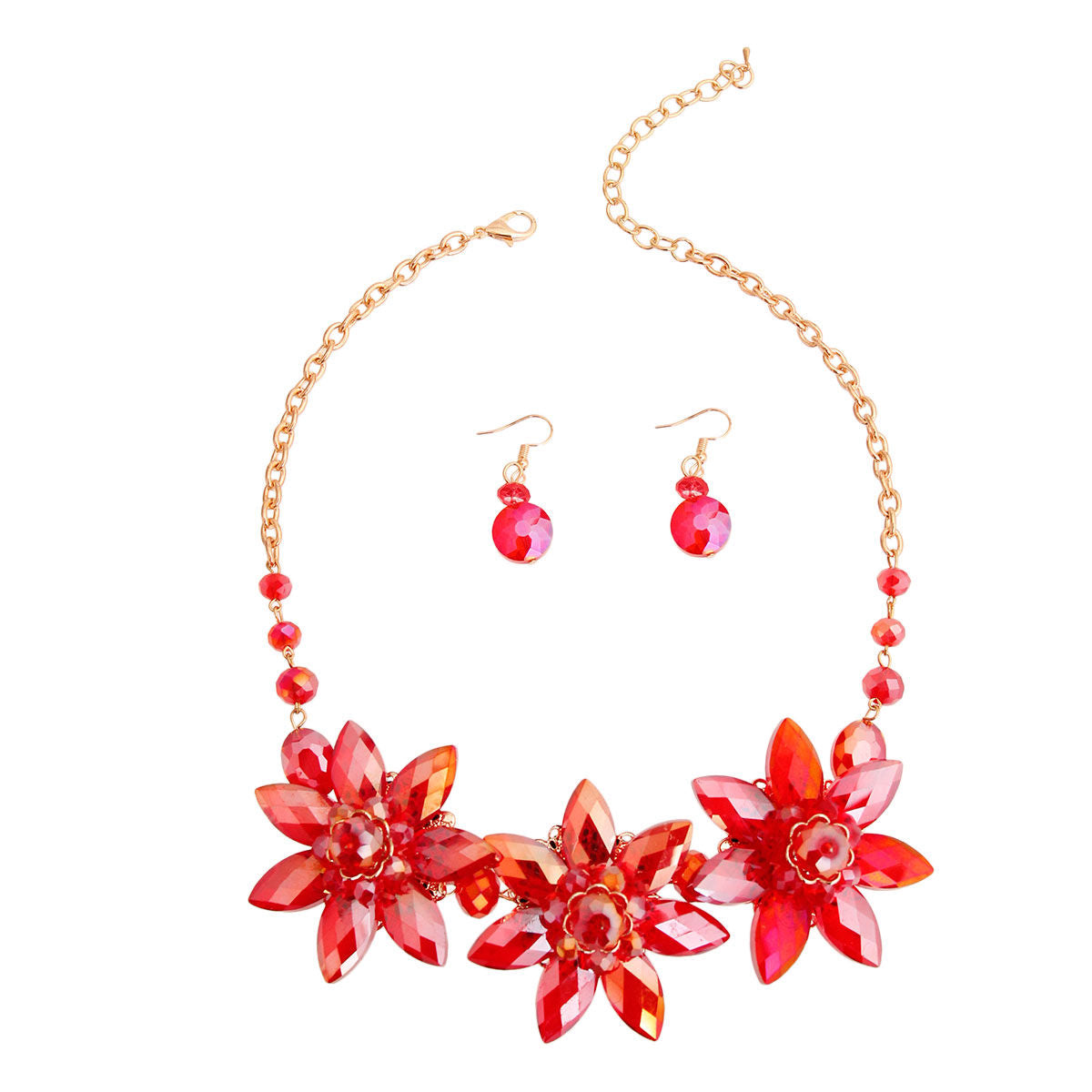 Statement Necklace and Collar Set Red Crystal Flower Trendy Jewelry