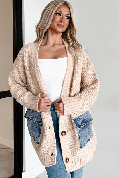 Smoke Gray Open Front Knitted Denim Pocket Patchwork Cardigan