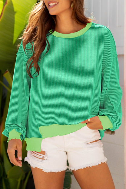 Bright Green Twisted Rib Uneven Hem Drop Shoulder Loose Knit Top - Loving It Shop