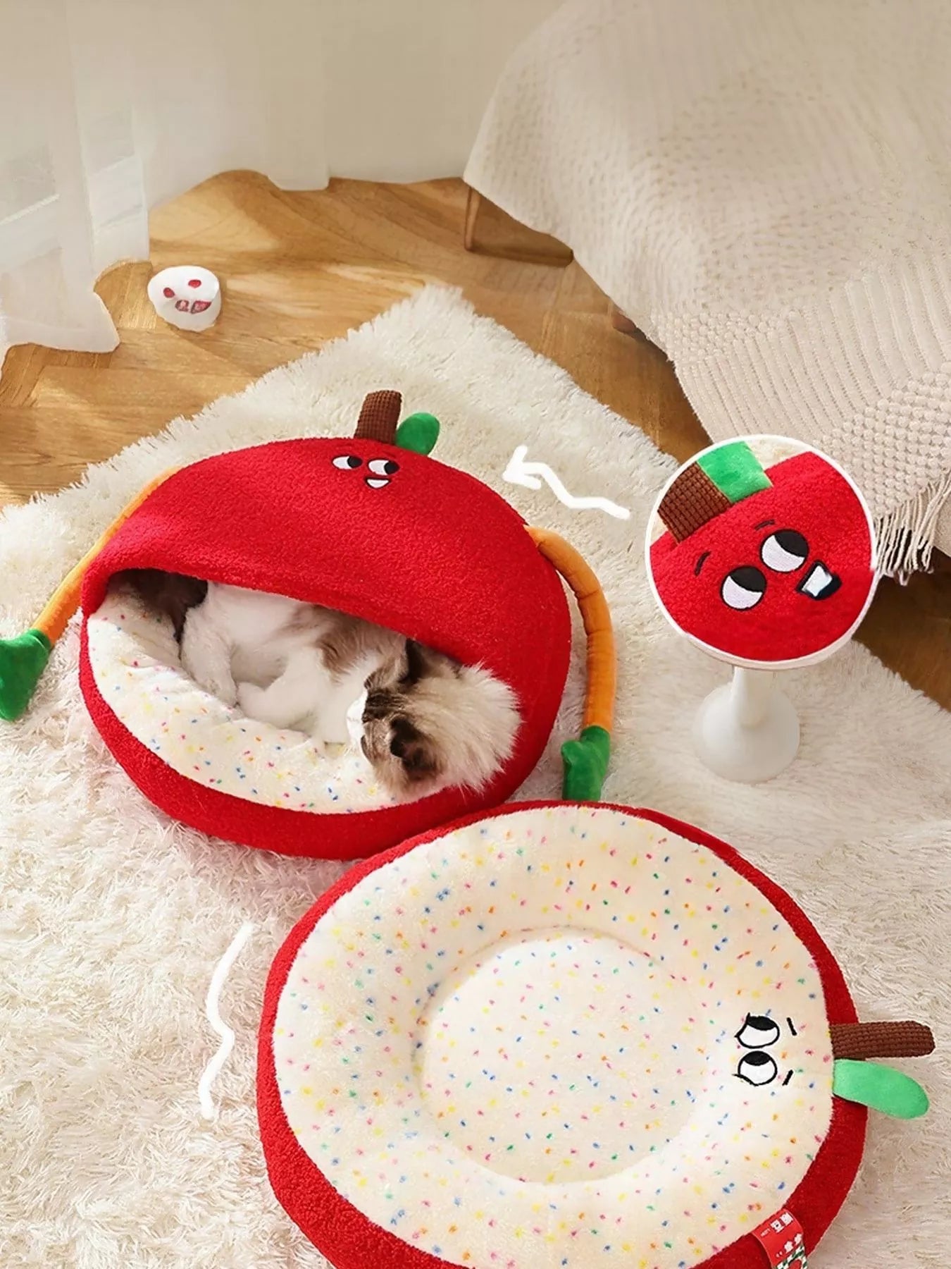 Cartoon Apple Shape Pet Nest with Plush Arms - Loving It Shop