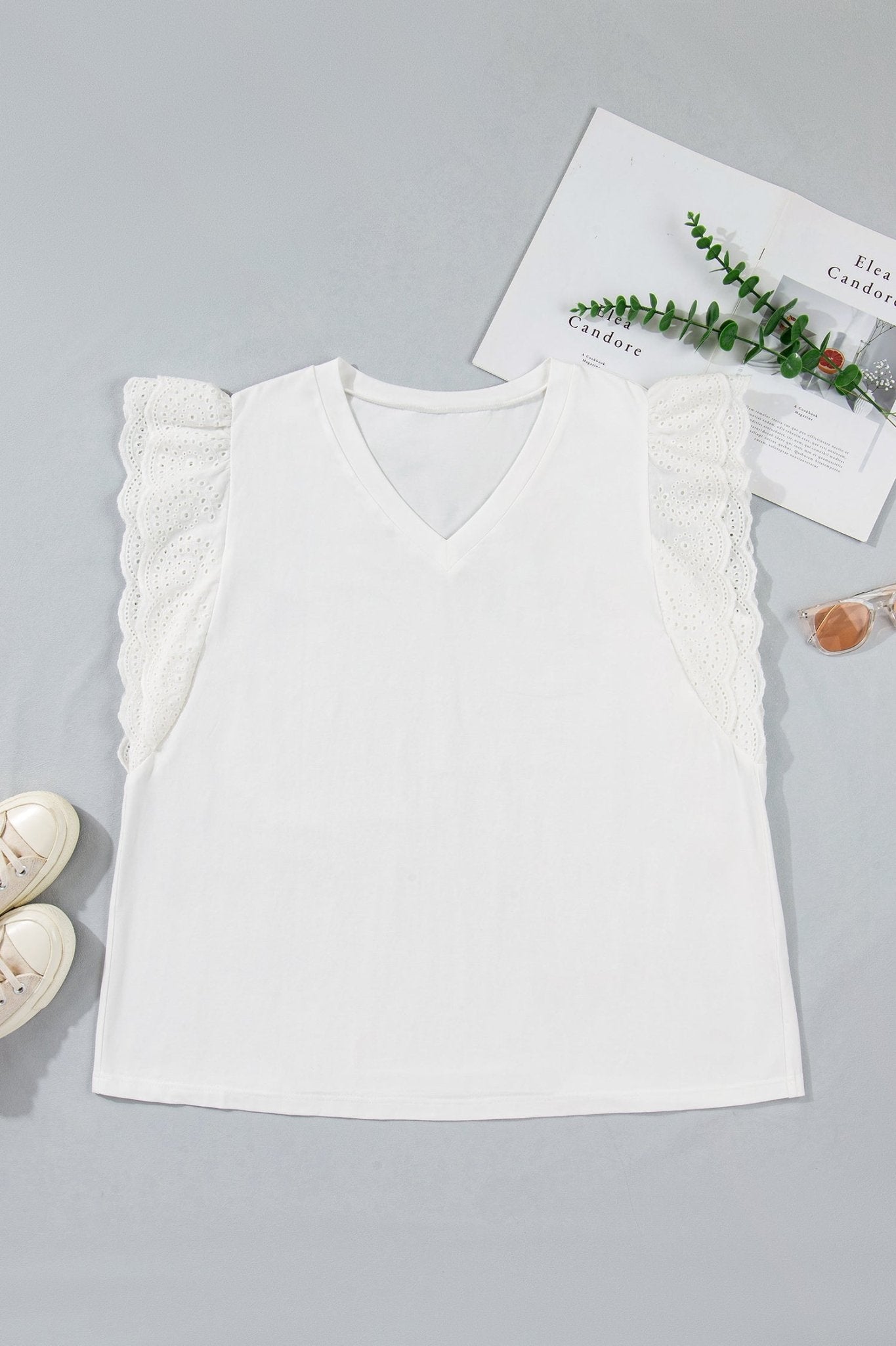 White Eyelet Crochet Splicing Short Sleeve Plus Size Tee - Loving It Shop