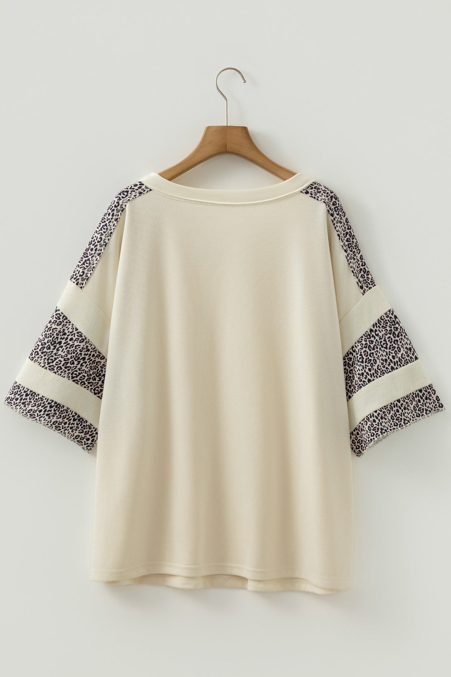 Apricot V Neck Exposed Seam Leopard Color Block Patchwork Half Sleeve Top