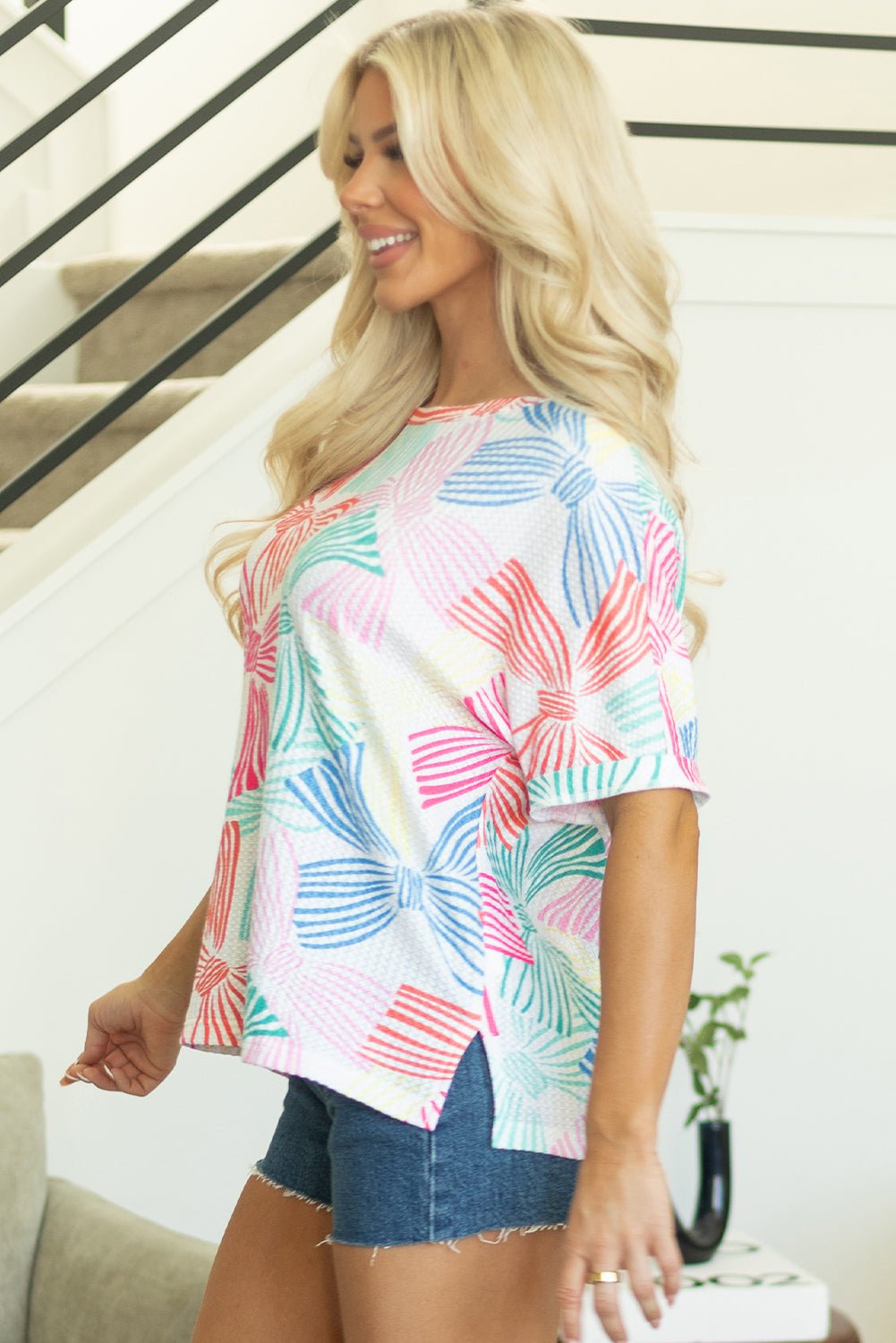 Multicolour Bowknot Printed Waffle Crewneck Loose Short Sleeve Top - Loving It Shop