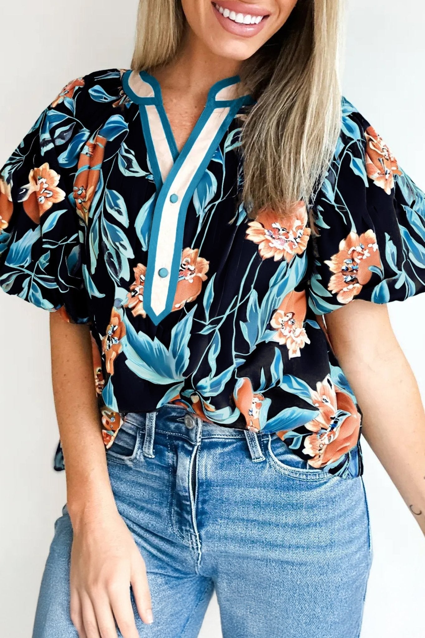 Black Floral Short Bubble Sleeve Buttoned Notched Neck Blouse - Loving It Shop