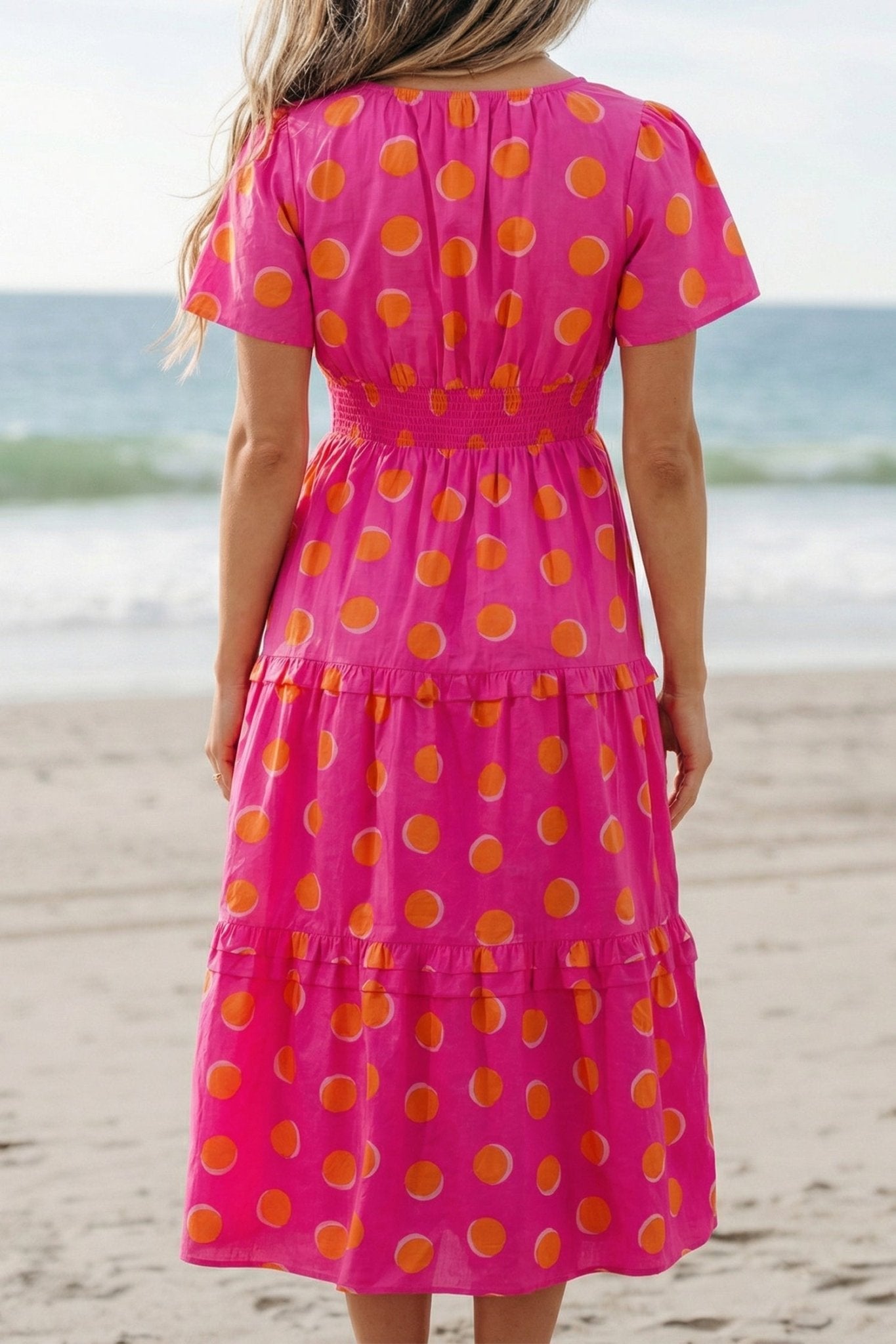 Rose Double Polka Dot Short Sleeve Shirred High Waist Midi Dress - Loving It Shop