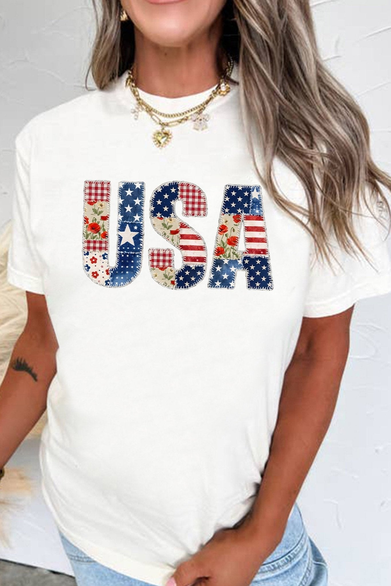 White USA Faux Patchwork Graphic Tee - Loving It Shop
