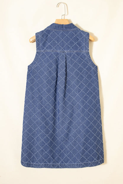 Sail Blue Rhombus Textured Collar Buttoned V Neck Denim Sleeveless Mini Dress - Loving It Shop
