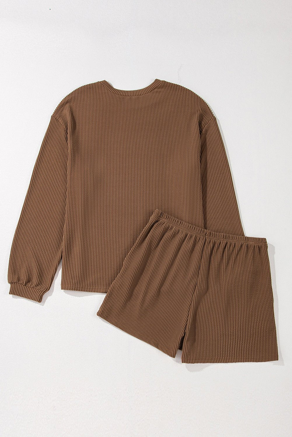 Chestnut Twisted Ribbed Sequin Mallard Graphic Long Sleeve Top and Short Set - Loving It Shop
