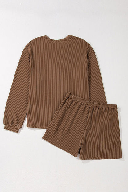 Chestnut Twisted Ribbed Sequin Mallard Graphic Long Sleeve Top and Short Set - Loving It Shop