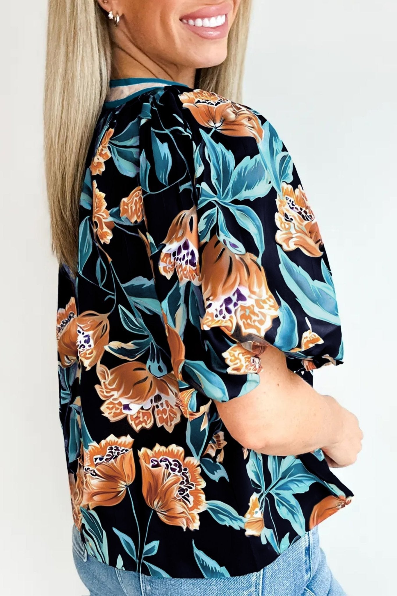 Black Floral Short Bubble Sleeve Buttoned Notched Neck Blouse - Loving It Shop