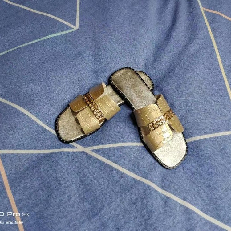 Beach Casual Flat Heel Chain One-line Women&