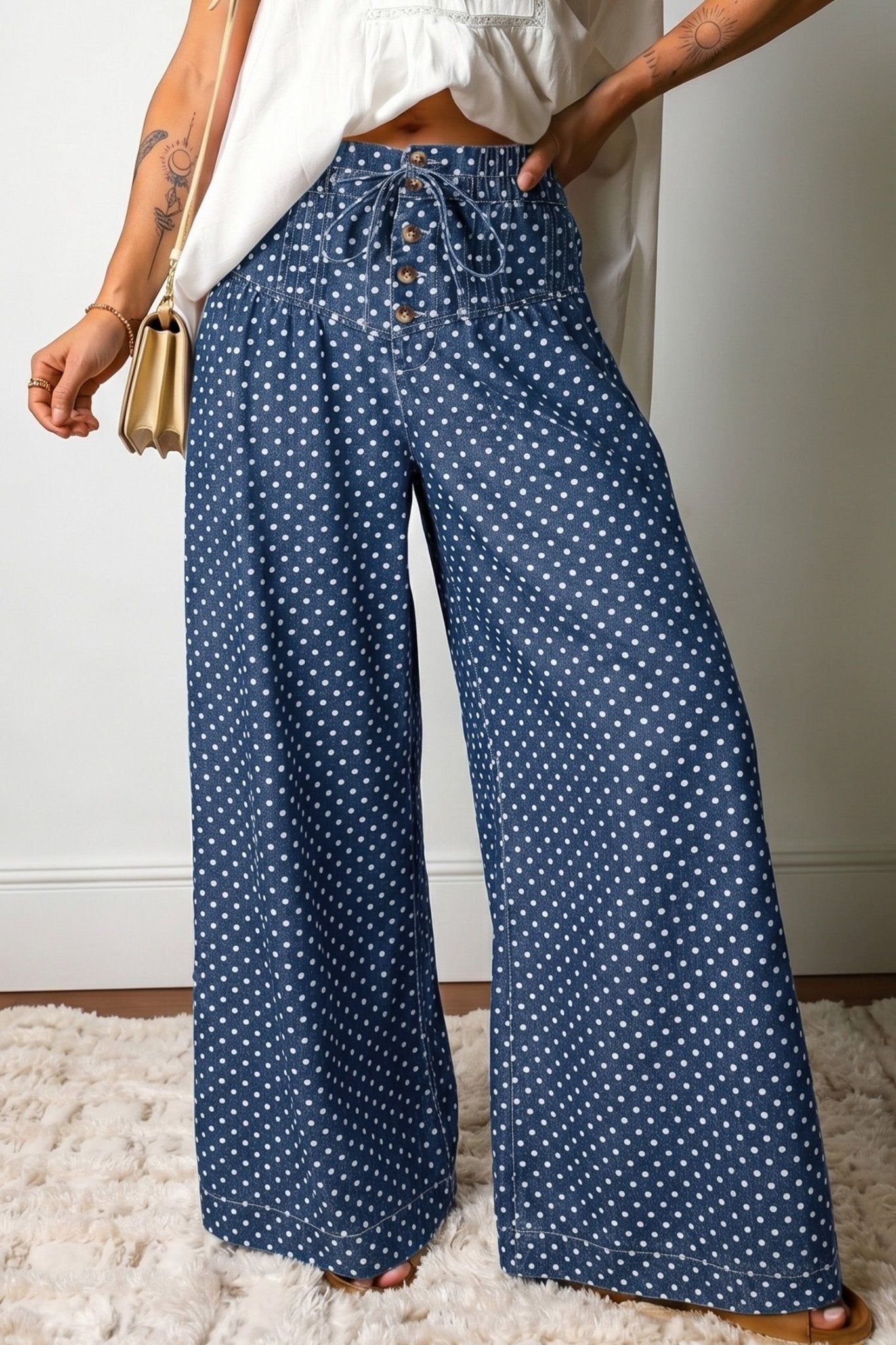 Sky Blue Polka Dot Print Button Pleated Detail Wide Leg Jeans - Loving It Shop