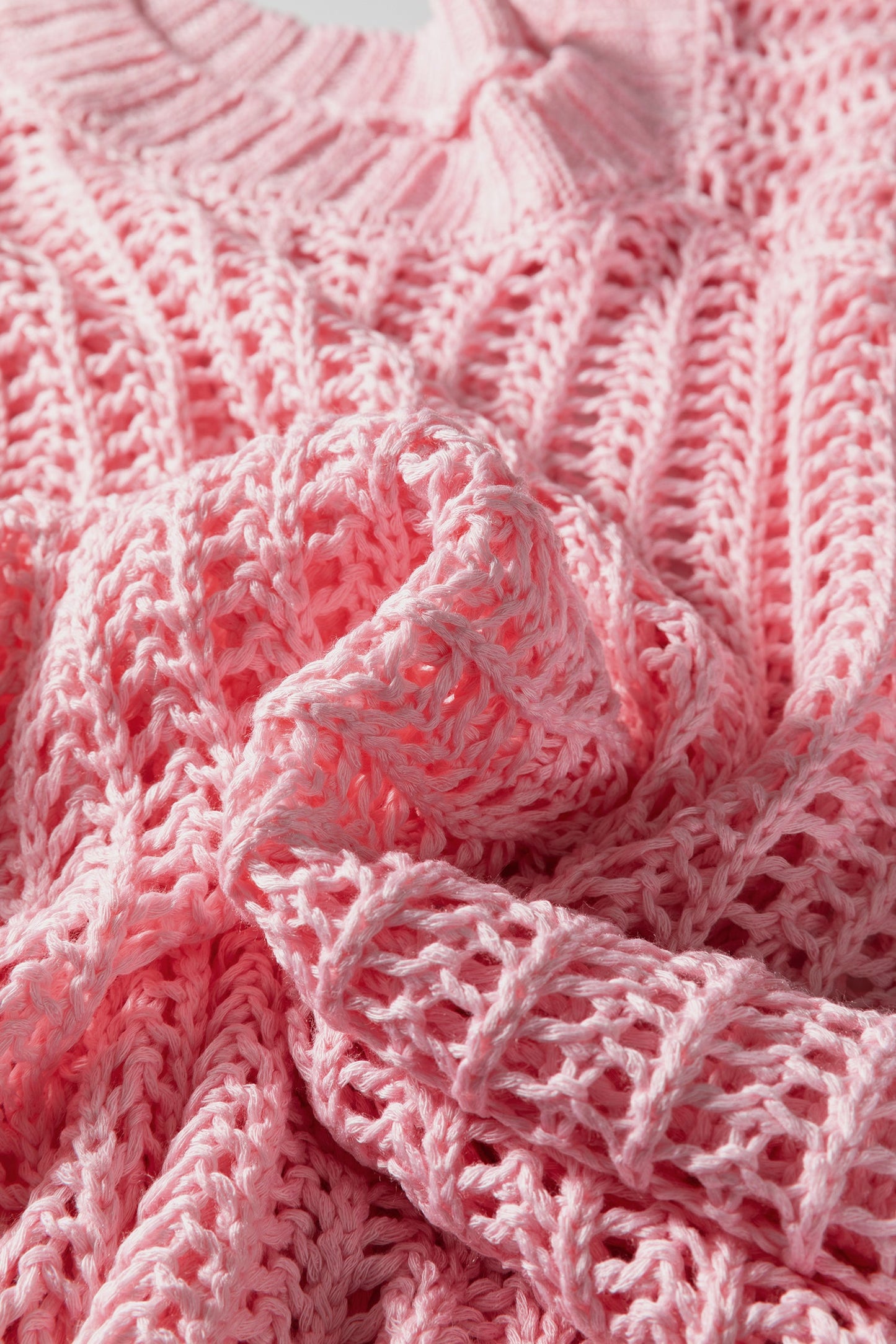 Pink Plus Size Open Knit Bow Tie Short Sleeve Sweater