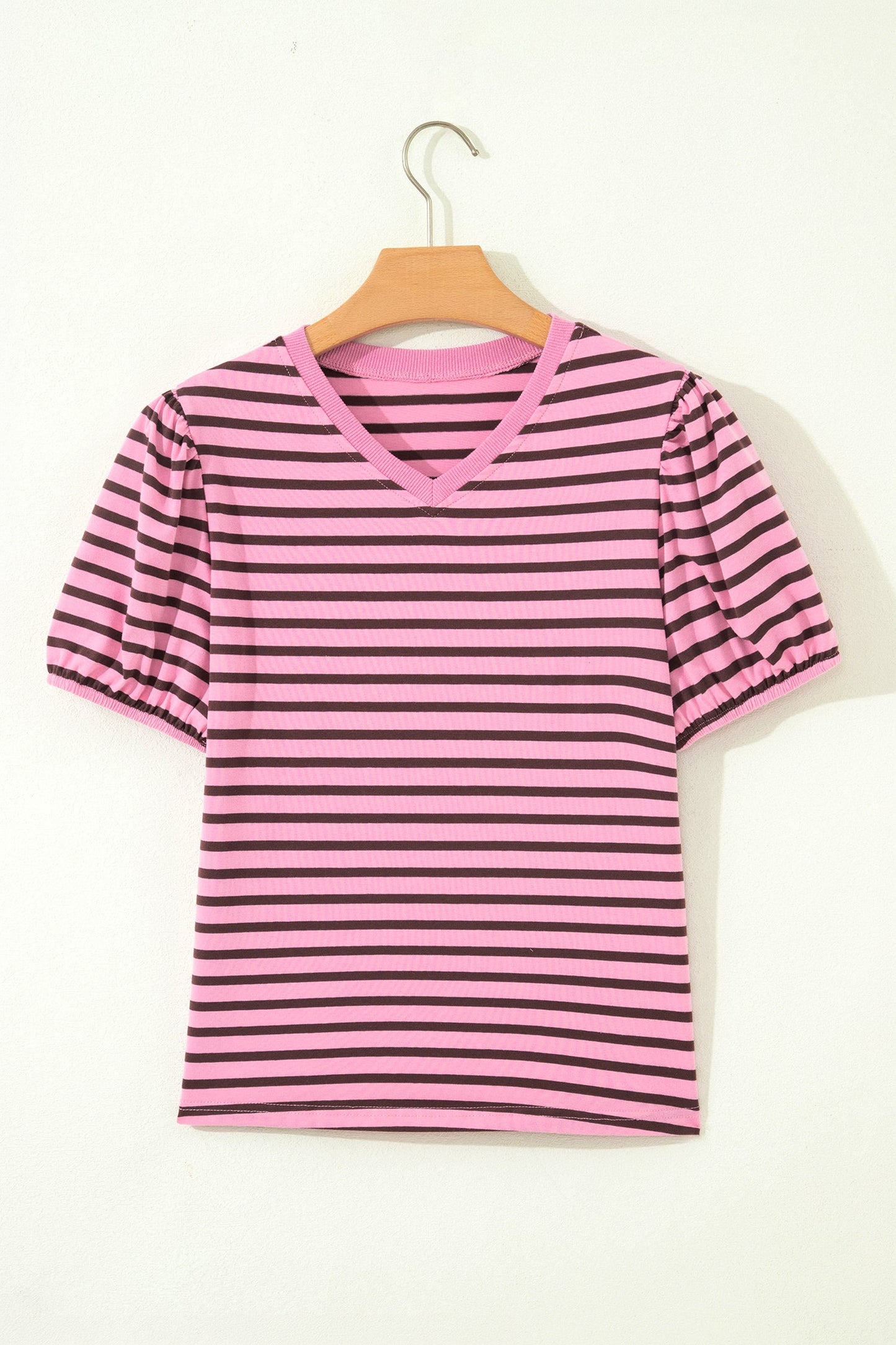 Rose Stripe Striped V-Neck Ribbed Collar Cuff Gathering Puff Sleeve Top
