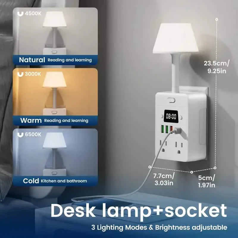 11-in-1 Multifunctional Power Strip with Desk Lamp, Clock, USB Ports &amp; Surge Protection