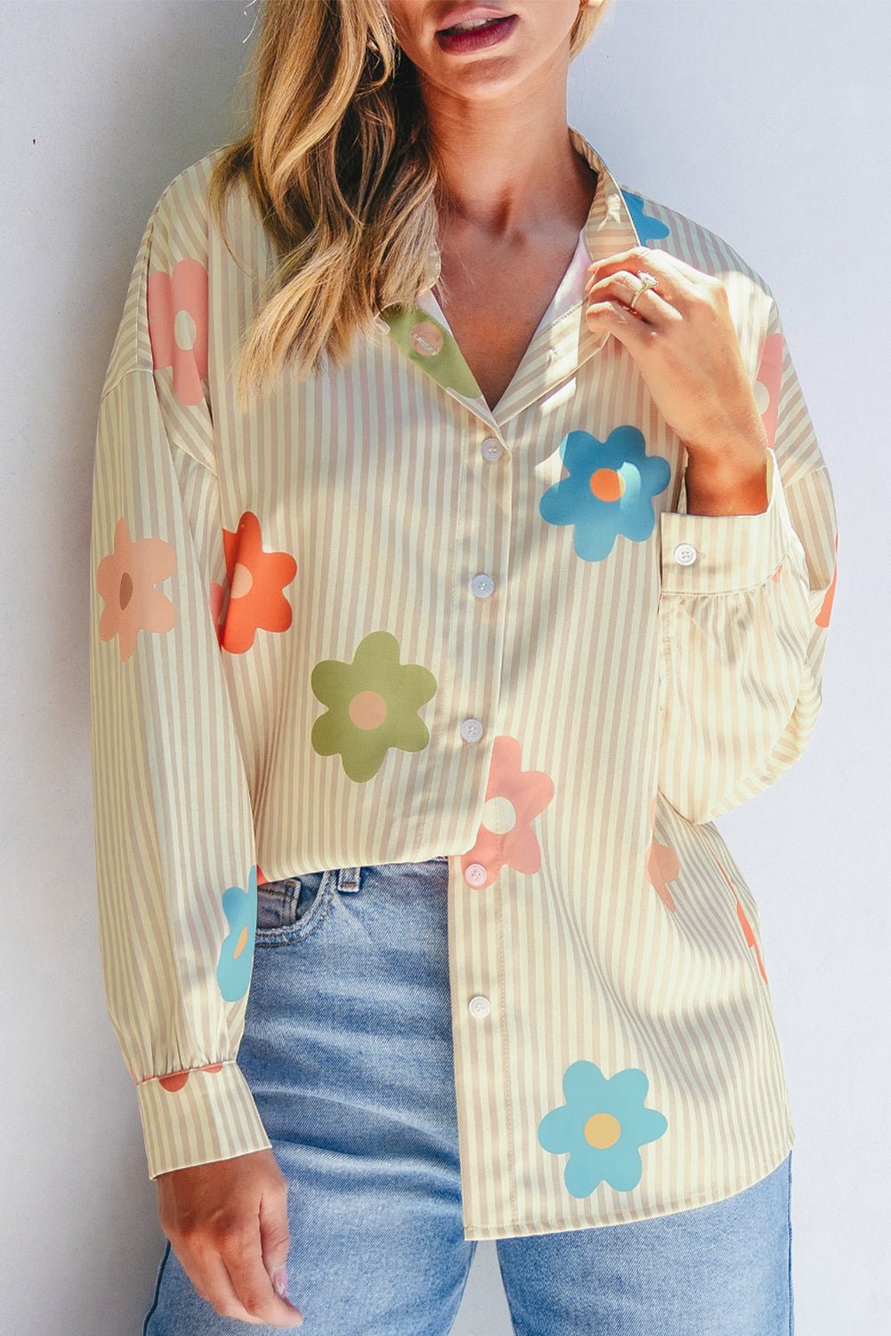 Apricot Stripe Flower Print Collared Button - up Loose Fit Shirt - Loving It Shop