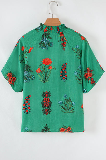 Bright Green Floral Print Buttoned V Neck Short Sleeve Blouse