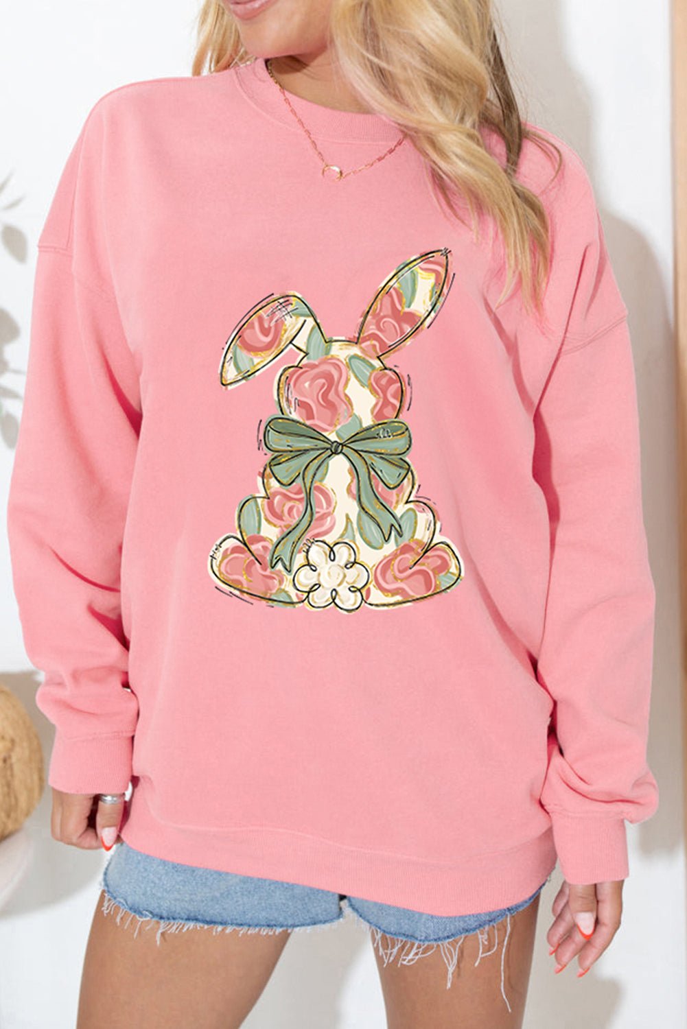 Pink Floral Bow Rabbit Easter Fashion Pullover Sweatshirt - Loving It Shop