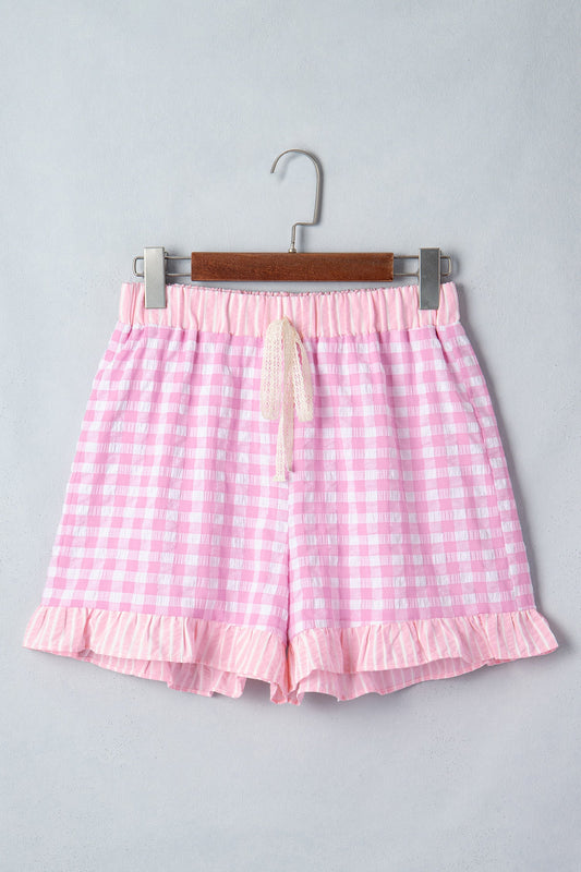 Pink Gingham Print Ruffle Striped Detail Lace Tie Shorts