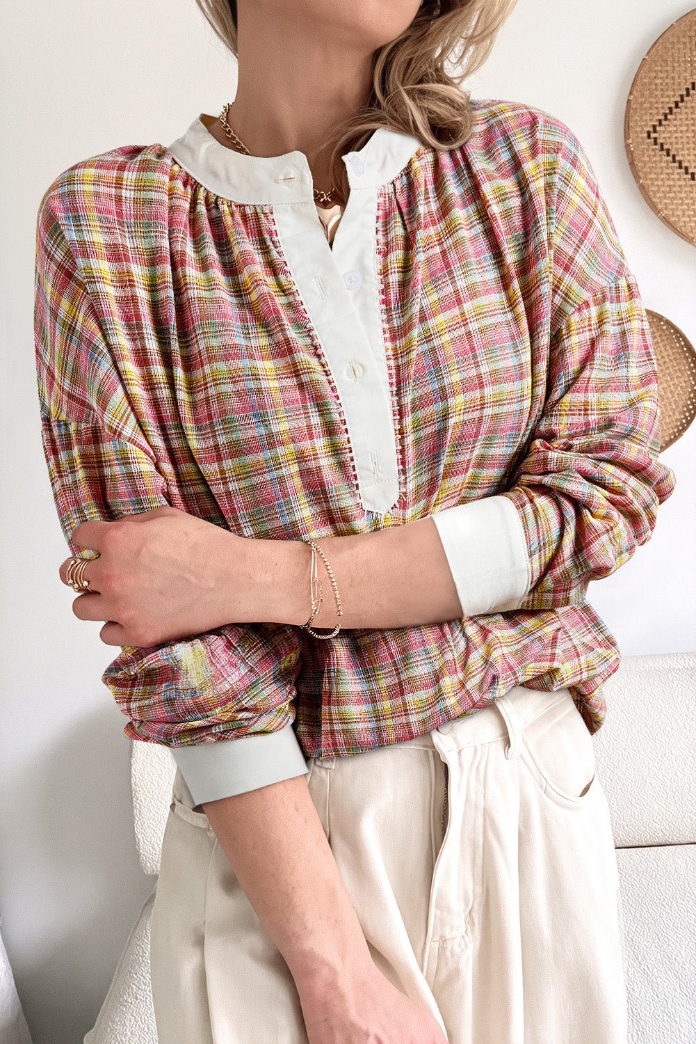 Pink Colorblock Plaid Patchwork Henley Blouse - Loving It Shop