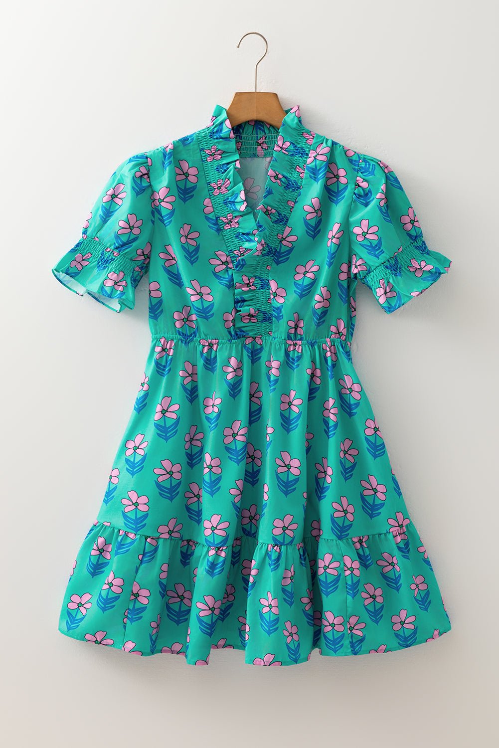 Green Floral Print Frilly Smocked Detail High Waist Mini Dress - Loving It Shop