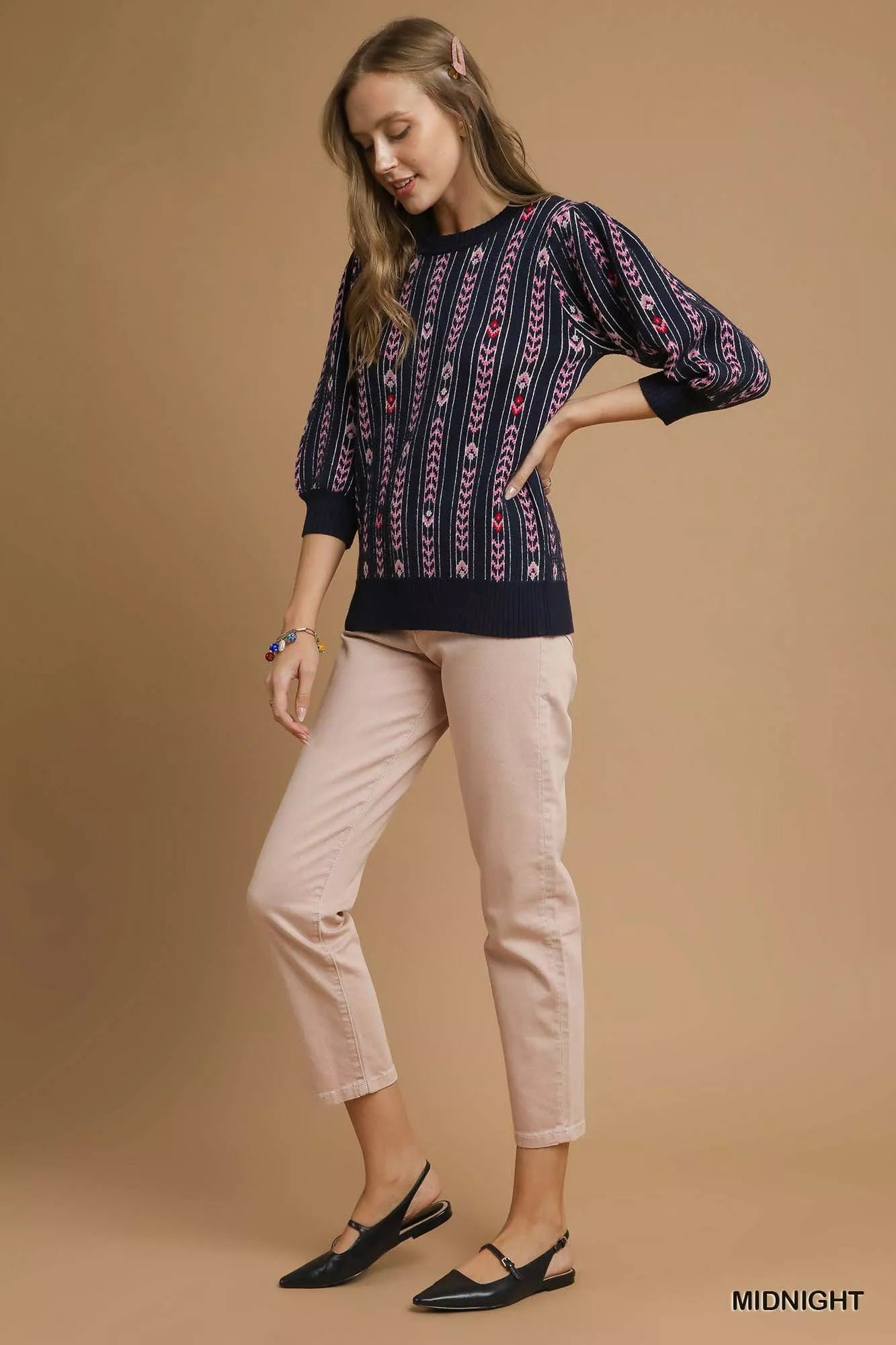 Jacquard Knit Puff Sleeve Sweater