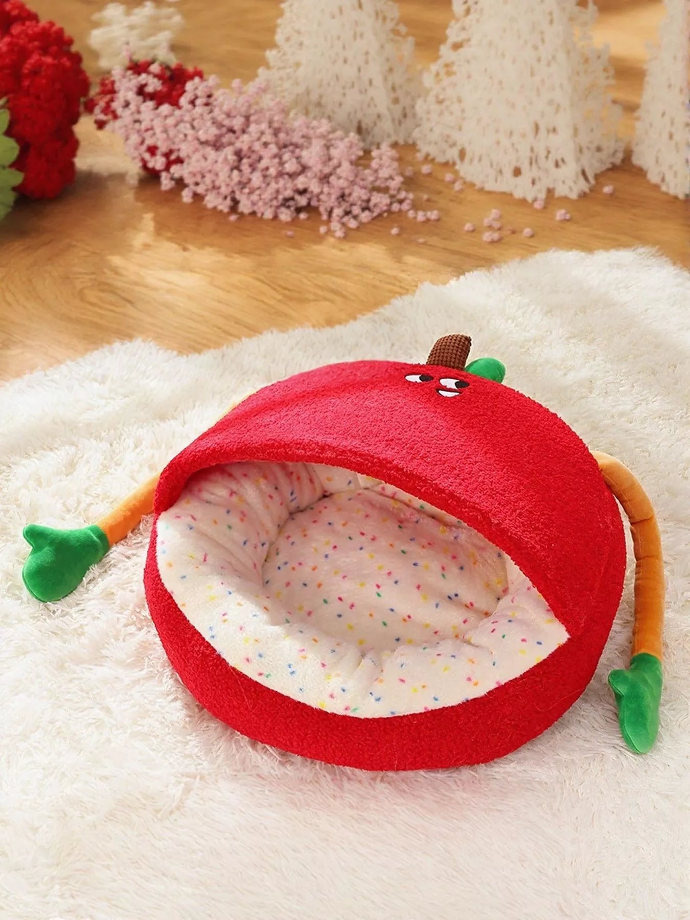 Cartoon Apple Shape Pet Nest with Plush Arms - Loving It Shop