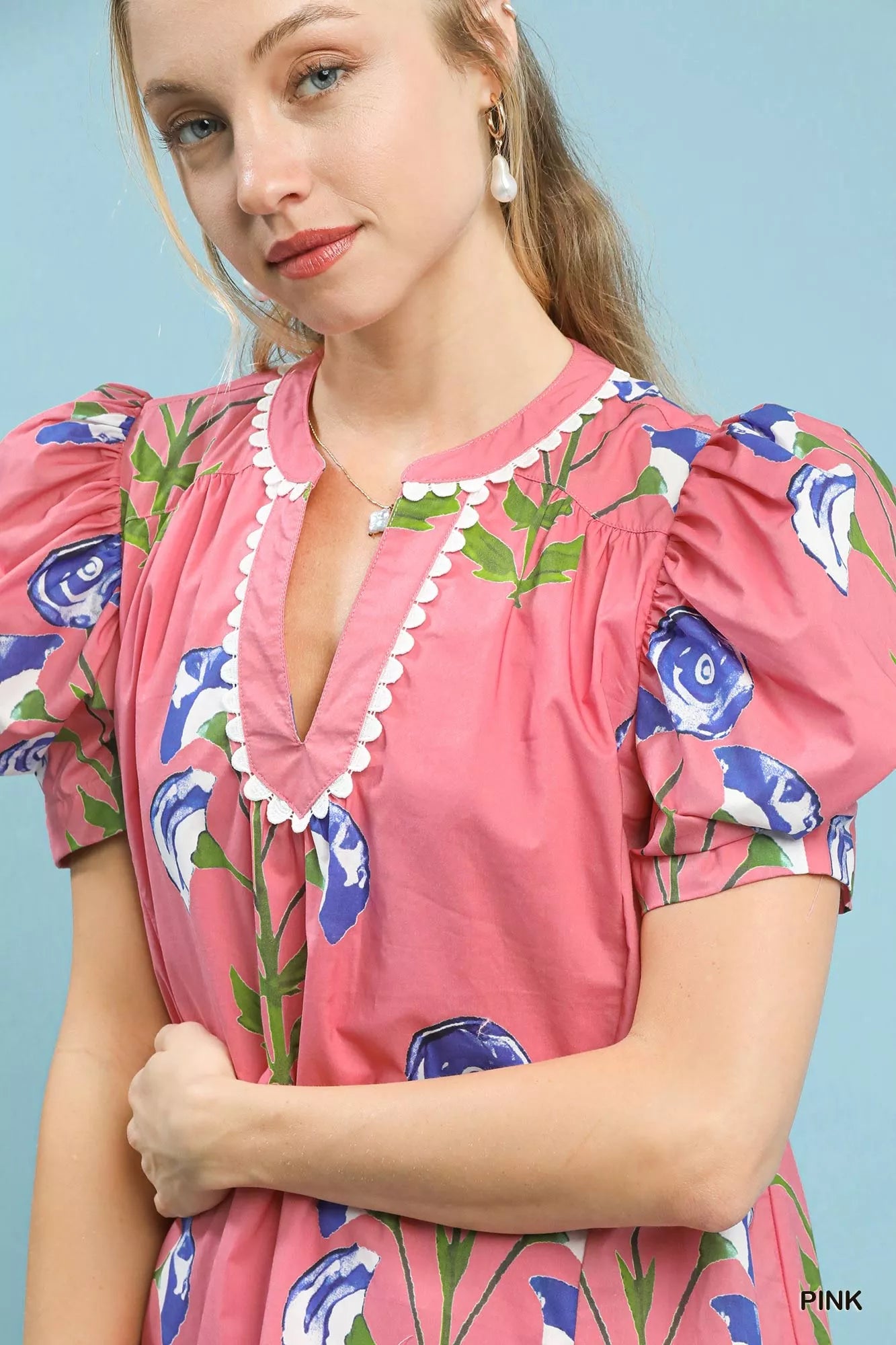Floral Print Puff Sleeve Mini Dress with Scallop Trim