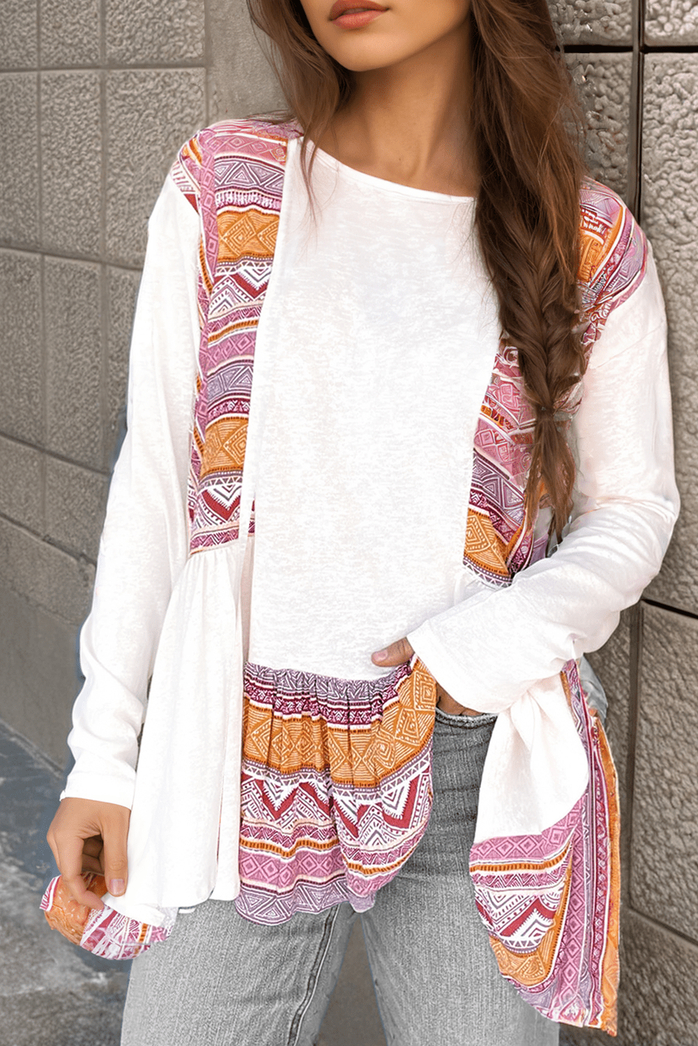 White Western Aztec Print Patchwork Ruffled Tunic Long Sleeve Babydoll Top - Loving It Shop
