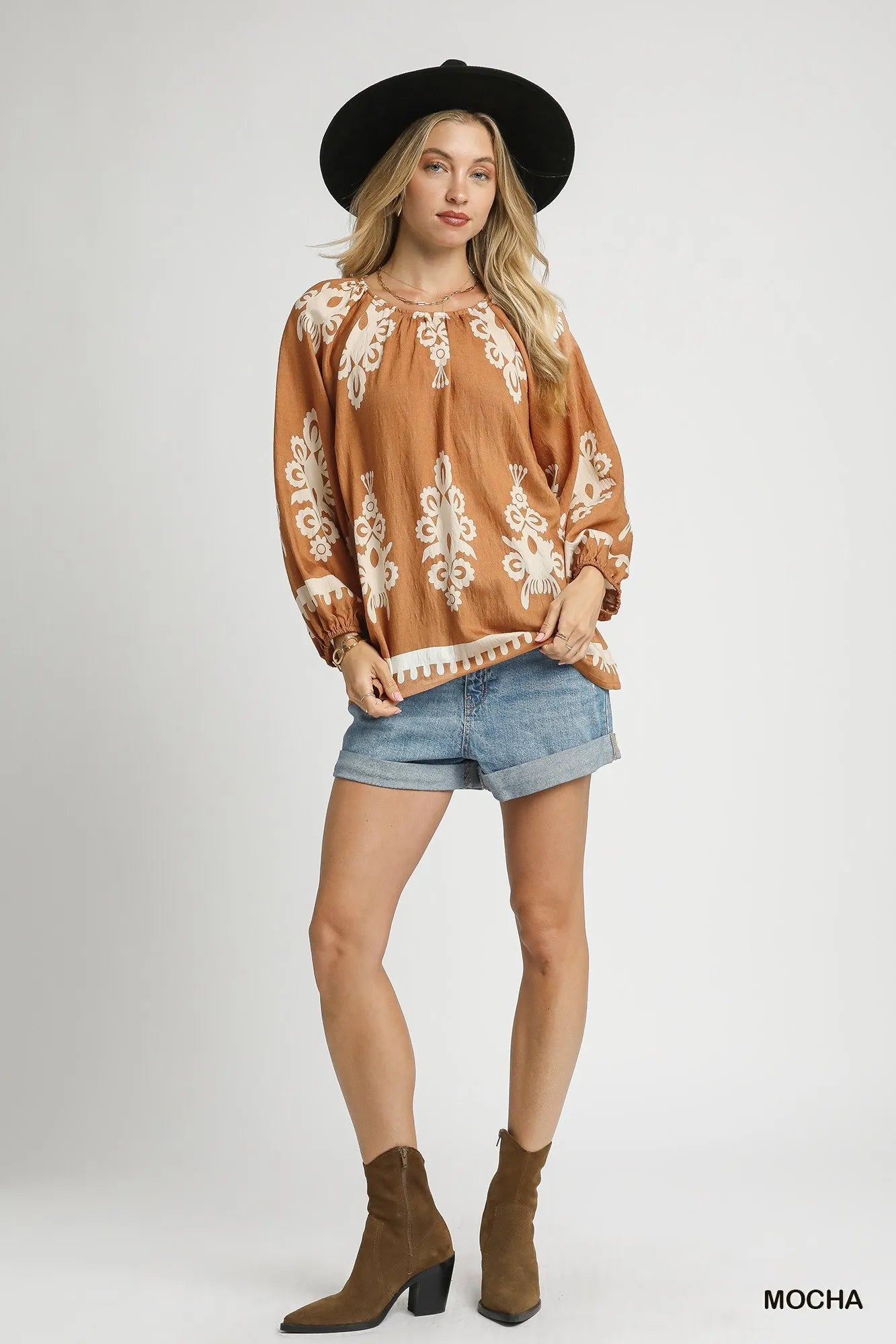 Full Size Two Tone Border Print Top with Balloon Sleeves Plus Size
