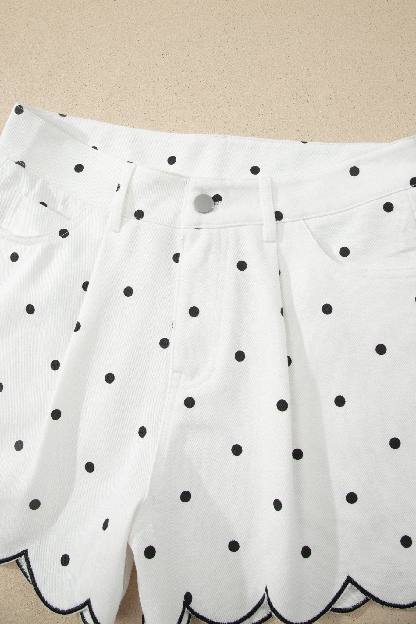 White Polka Dot Print Embroidered Scallop Hem Shorts - Loving It Shop