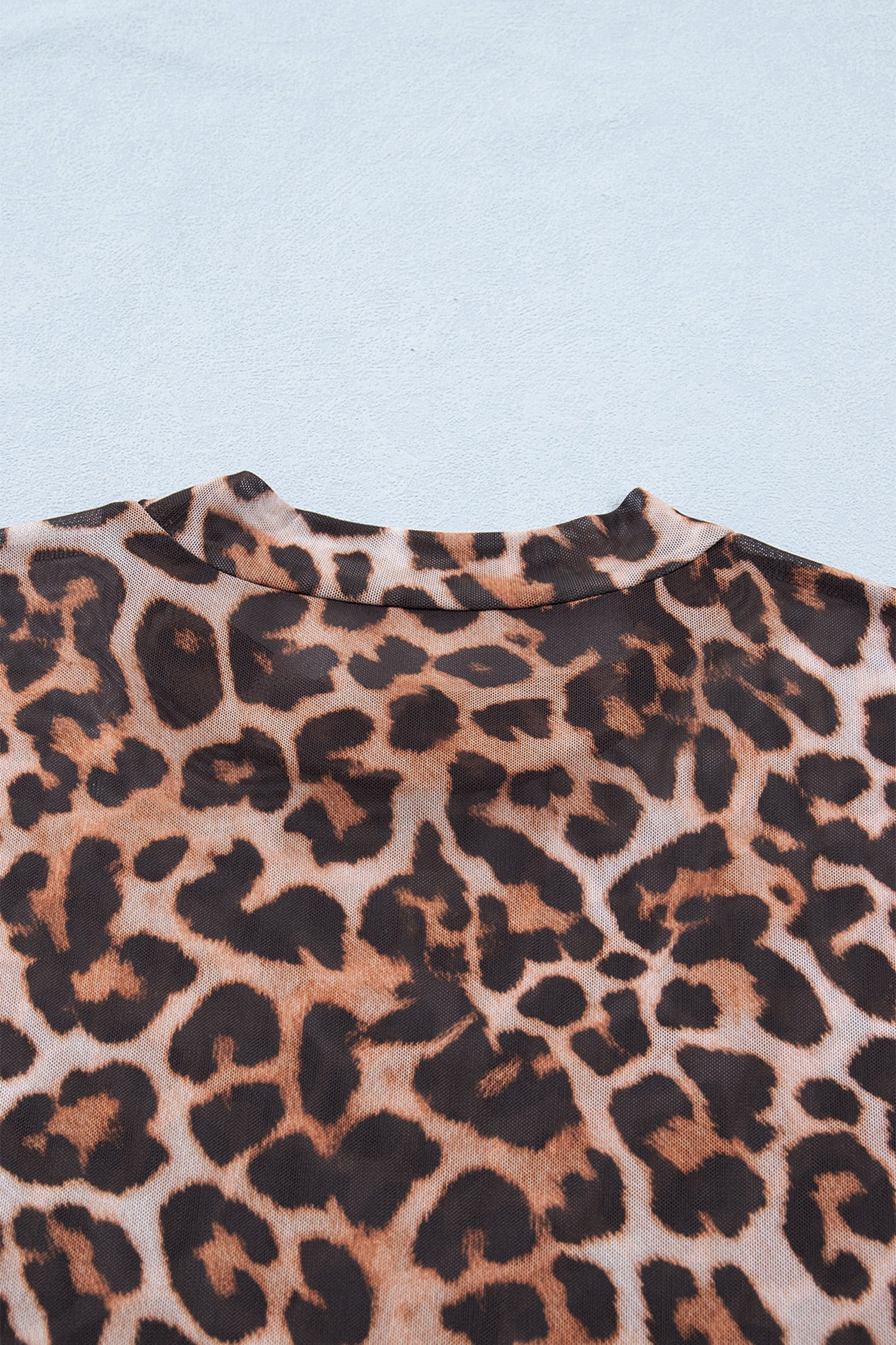 Brown Plus Size Mock Neck Leopard Mesh Top