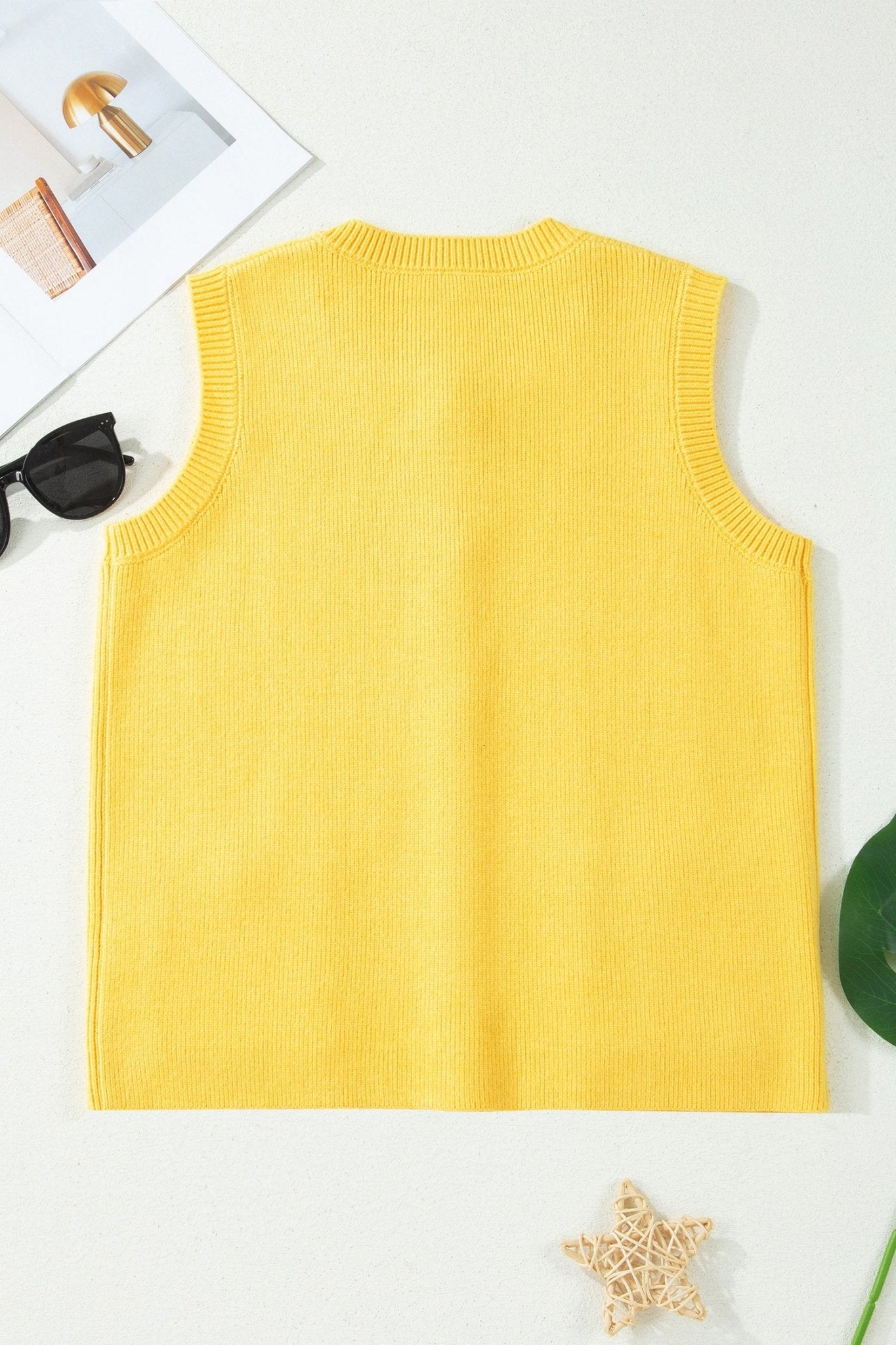 Yellow Cream Solid Color Sleeveless Knit Button Pocketed Sweater - Loving It Shop