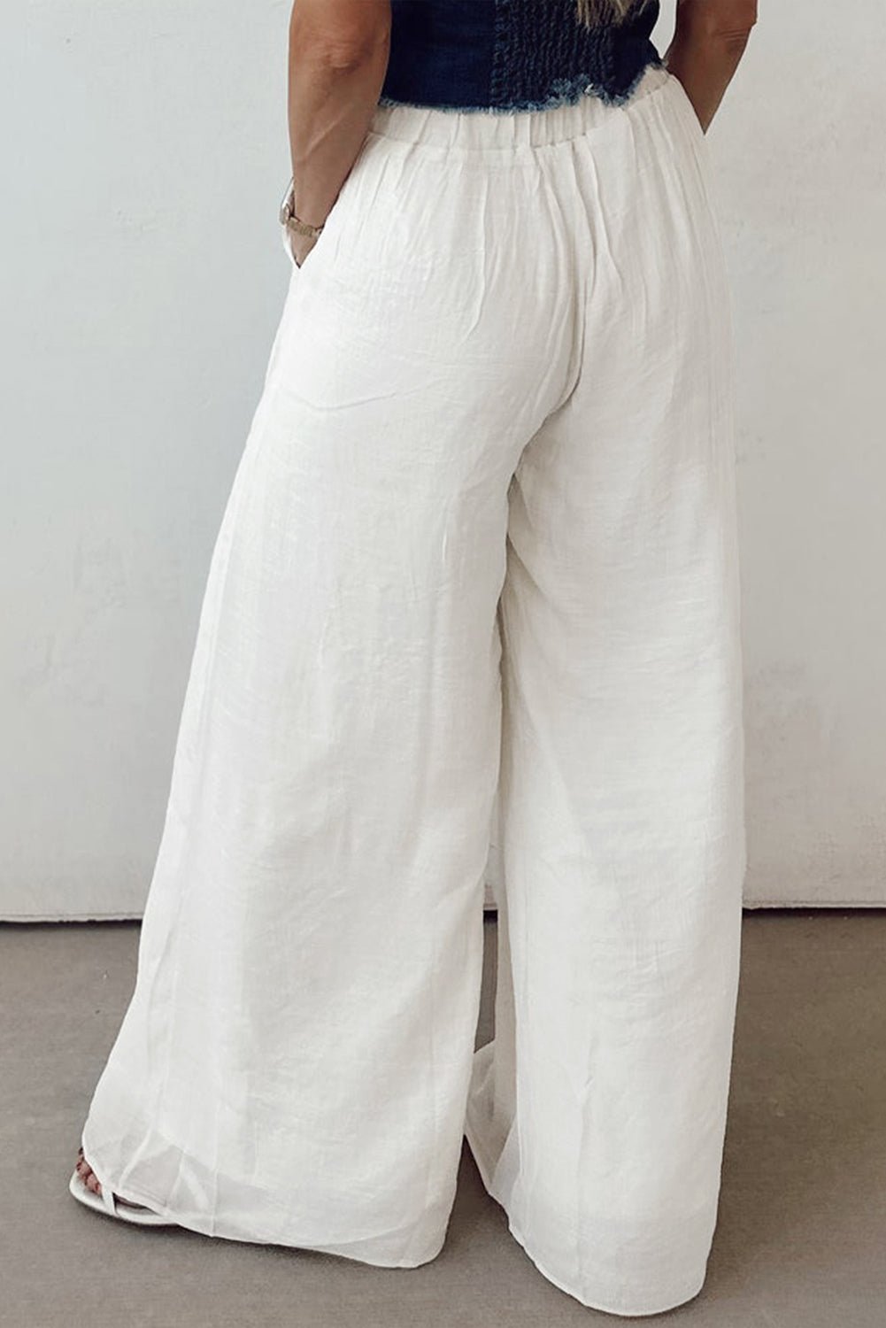 White Solid Drop Waist Pleated Wide Leg Casual Pants - Loving It Shop